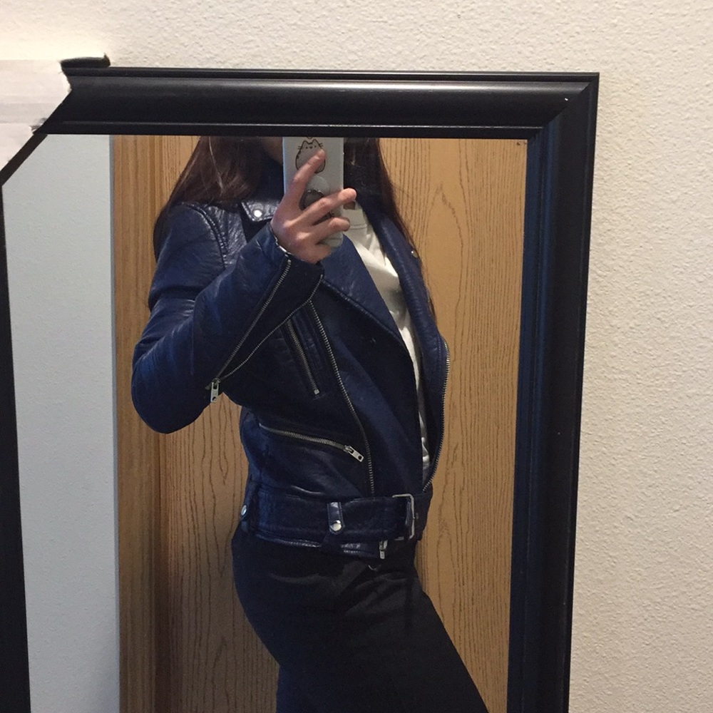 blue navy leather jacket, silver hardware